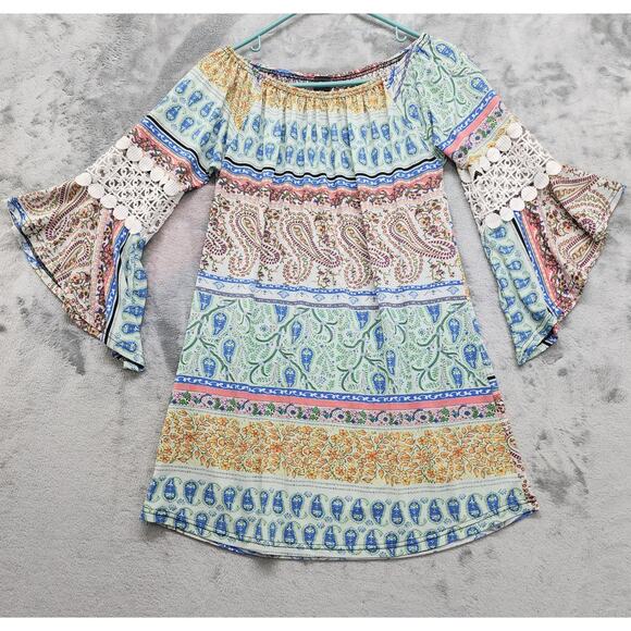 WinWin Top Womens S-M Paisley Off-Shoulder Pinwheel Lace Bell Sleeve Tunic Boho - Picture 1 of 9